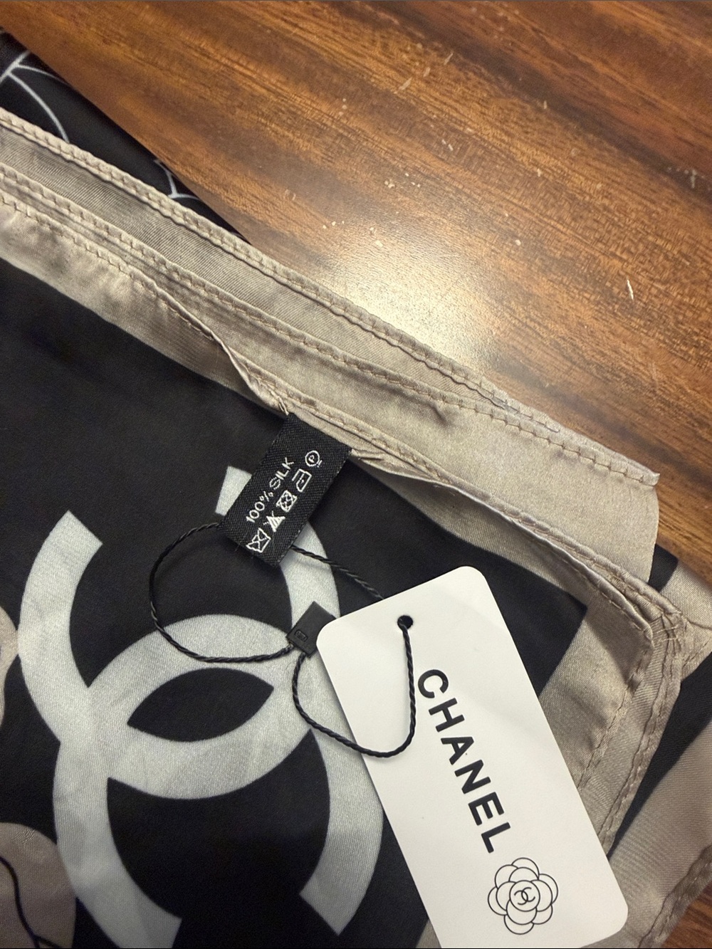 CHANEL Black and Beige Camellia Logo Silk Scarf - Picture 3 of 3